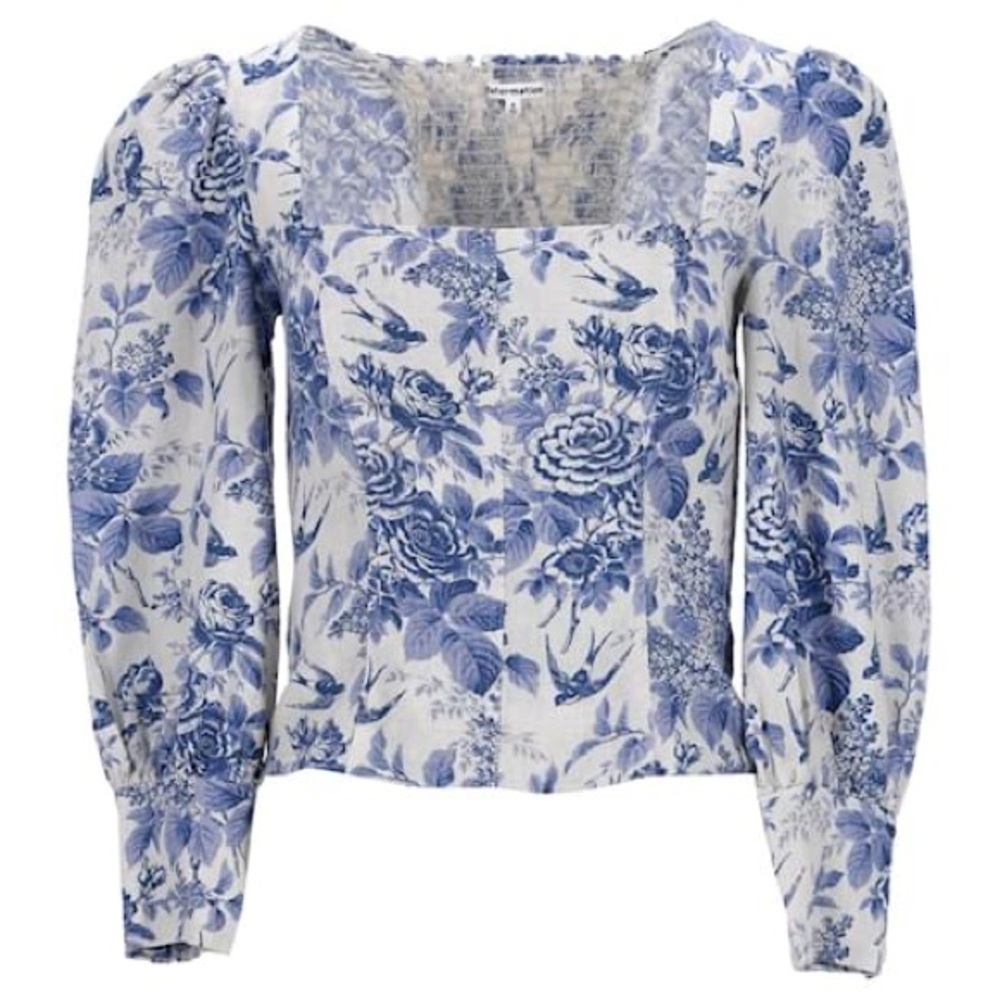 Reformation Blue and White Ruffled Puff Sleeve Blouse